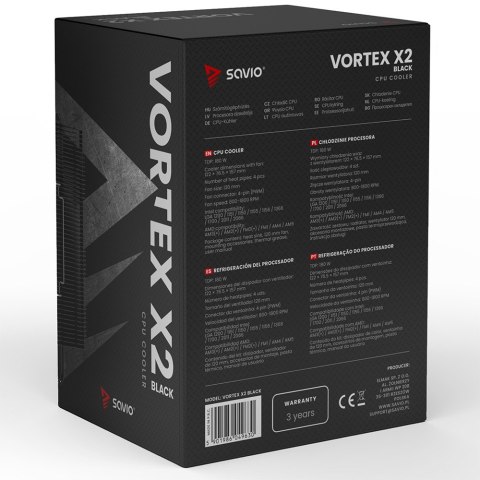 Chłodzenie procesora Savio Vortex X2 Black wydajne dla graczy TDP 180W