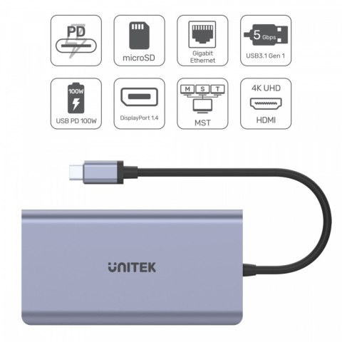 Unitek HUB USB-C 2x USB 3.1 HDMI 2.0 DP 1.4 RJ45 SD Power Delivery 100W