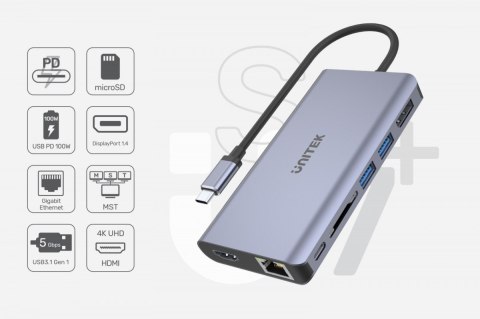 Unitek HUB USB-C 2x USB 3.1 HDMI 2.0 DP 1.4 RJ45 SD Power Delivery 100W