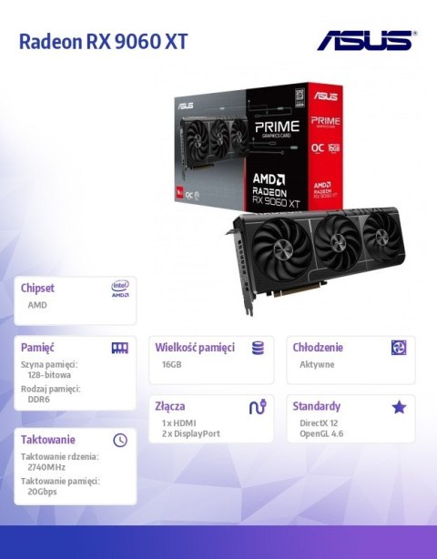 Karta graficzna Asus Radeon RX 9060 XT Prime OC 16GB GDDR6 gaming wydajna