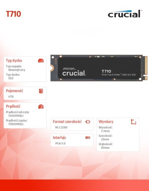 Dysk SSD Crucial T710 4TB M.2 NVMe PCIe 5.0 wydajny 14500 MB/s
