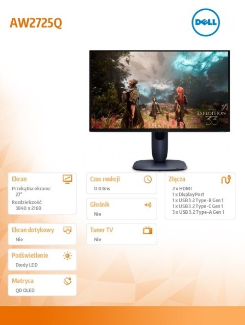 Monitor Dell Alienware AW2725Q 27 4K QD-OLED 240Hz doskonały do gier