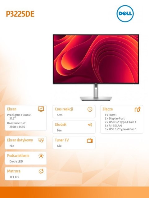 Monitor Dell P3225DE 31.5 QHD IPS LED z USB-C i 100 Hz