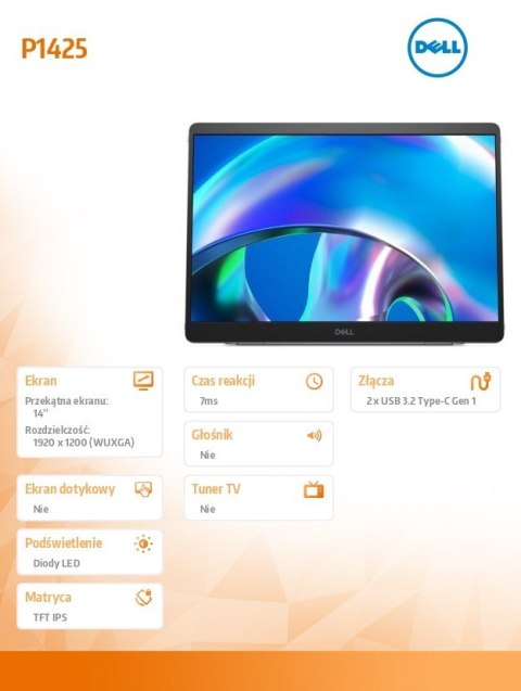 Monitor Dell P1425 14 cali LED IPS 1920x1080 przenośny z USB-C