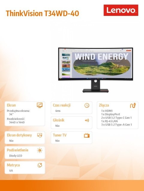 Monitor Lenovo ThinkVision T34WD-40 34 cale zakrzywiony VA Full HD