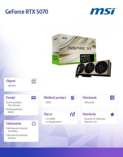 Karta graficzna MSI GeForce RTX 5070 12G INSPIRE 3X OC wydajna do gier
