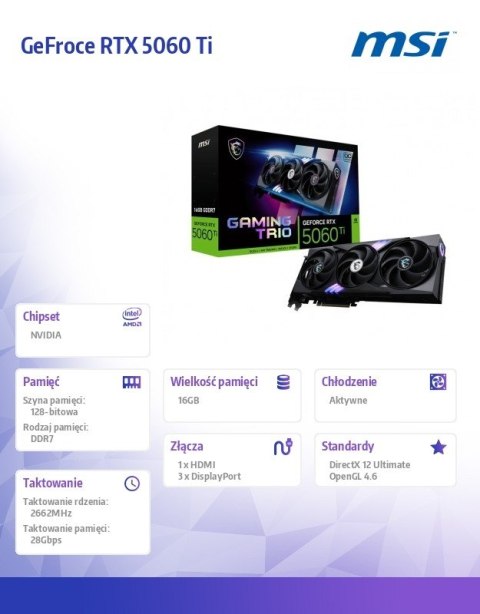Karta graficzna MSI GeForce RTX 5060 Ti 16GB Gaming Trio OC wydajna