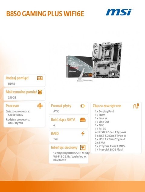 MSI Płyta główna B850 GAMING PLUS WIFI6E ATX AMD Ryzen DDR5