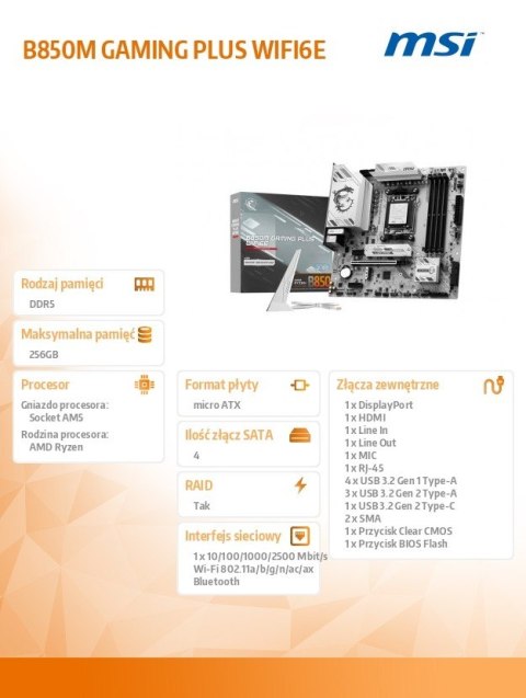 Płyta główna MSI B850M GAMING PLUS WIFI6E AM5 DDR5 mATX gry