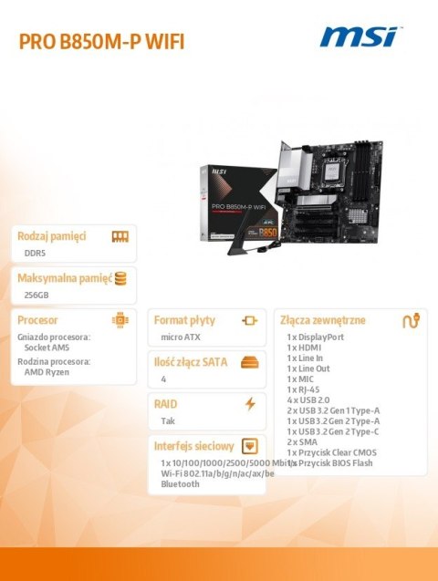 Płyta główna MSI PRO B850M-P WIFI AM5 DDR5 ATX z Wi-Fi 7