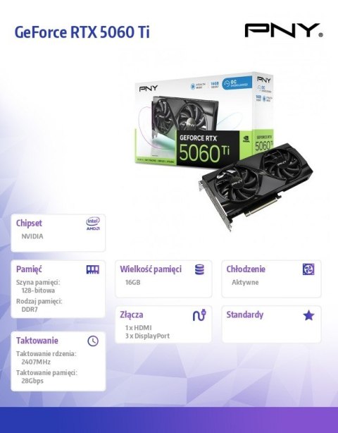 Karta graficzna PNY GeForce RTX 5060 Ti 16GB OC DDR7 z aktywnym chłodzeniem
