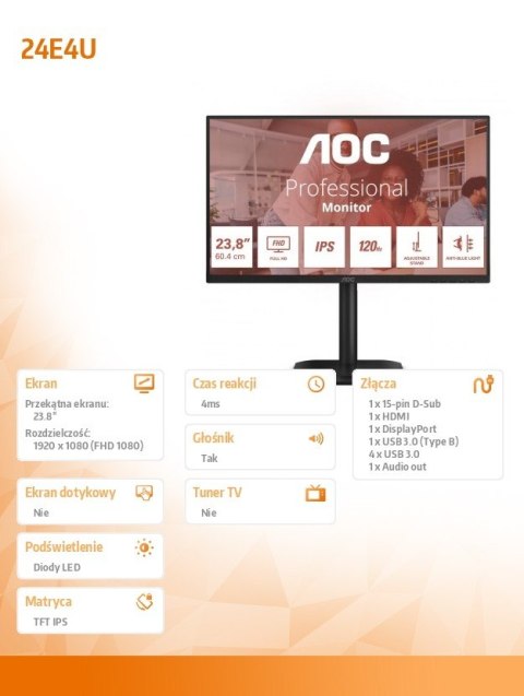 Monitor AOC 24E4U 23.8 cal FHD 120Hz z Pivotem i głośnikami