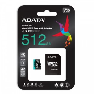 Adata Karta microSD Premier Pro 512 GB UHS1 U3 V30 A2 + adapter wydajna pamięć