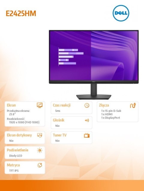 Monitor Dell E2425HM 23.8 FHD 100Hz VA LED z HDMI i DP
