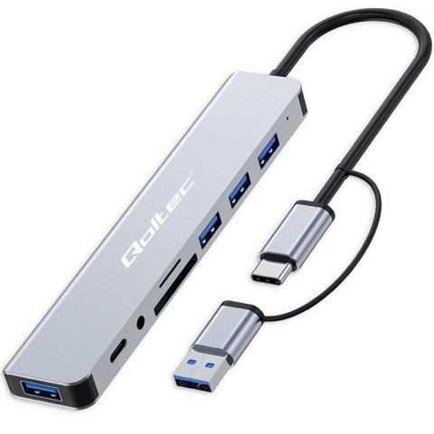 Adapter Qoltec HUB 8w1 USB-C 4xUSB SD/TF Jack 3.5mm kompaktowy