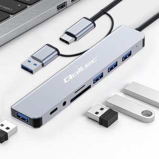 Adapter Qoltec HUB 8w1 USB-C 4xUSB SD/TF Jack 3.5mm kompaktowy