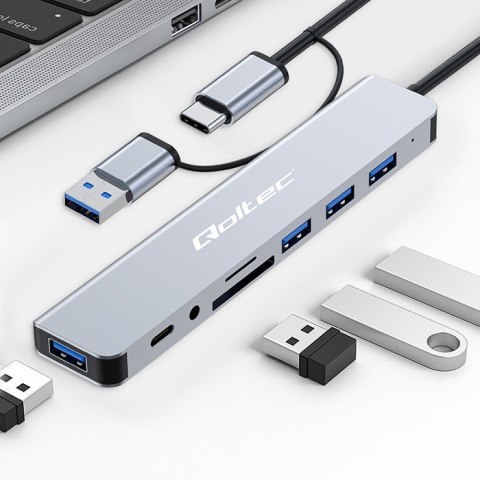 Adapter Qoltec HUB 8w1 USB-C 4xUSB SD/TF Jack 3.5mm kompaktowy