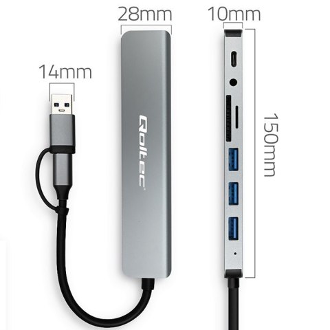 Adapter Qoltec HUB 8w1 USB-C 4xUSB SD/TF Jack 3.5mm kompaktowy