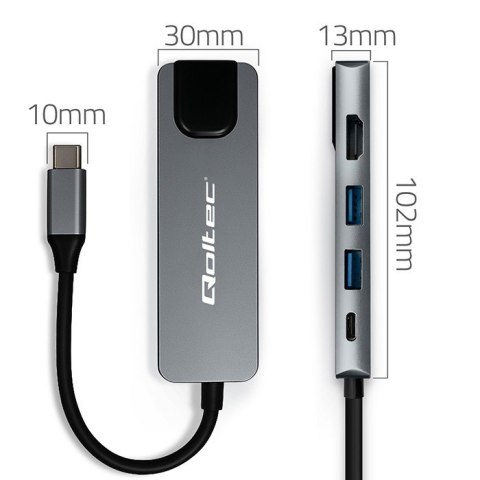 Qoltec HUB Adapter USB-C 5w1 PD 100W 2xUSB HDMI 4K RJ45 kompaktowy