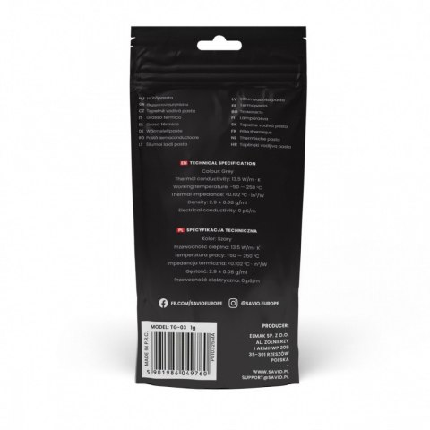 Pasta termoprzewodząca SAVIO TG-03 13,5 W/mK 1g do CPU GPU