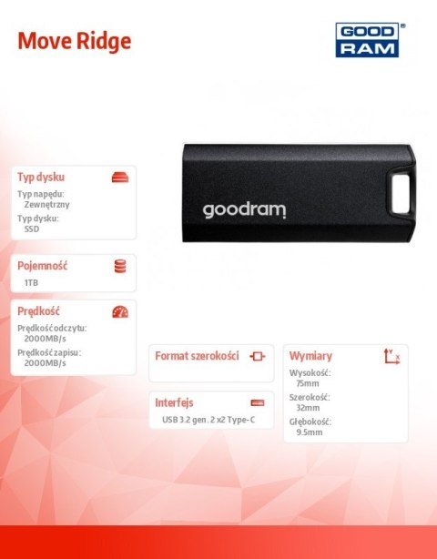 GOODRAM Dysk zewnętrzny SSD Move Ridge 1TB 2000MB/s lekki aluminiowy