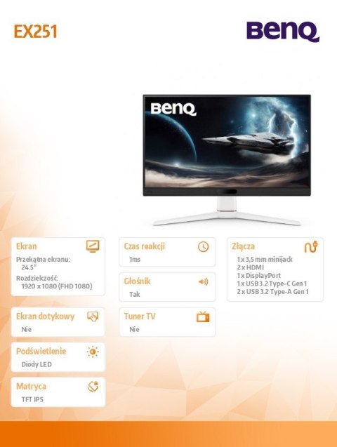 Monitor BenQ EX251 MOBIUZ 25 cali IPS Full HD 220Hz 1 ms gamingowy USB C AI