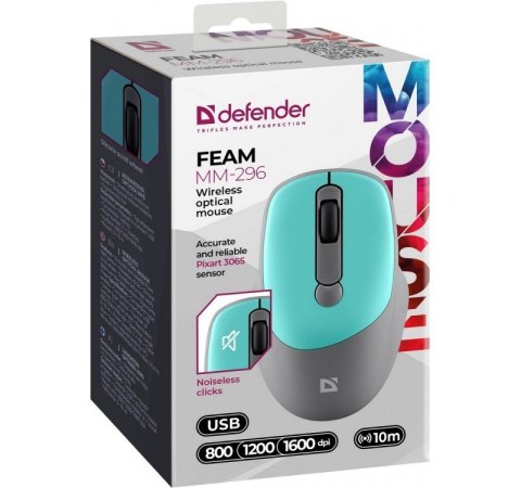 Mysz Defender FEAM MM-296 RF bezprzewodowa silent click mint