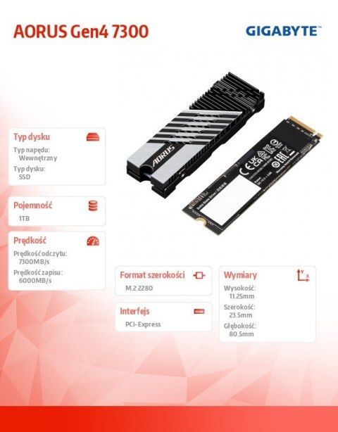 Dysk SSD Gigabyte AORUS Gen4 1TB M.2 2280 szybki wewnętrzny