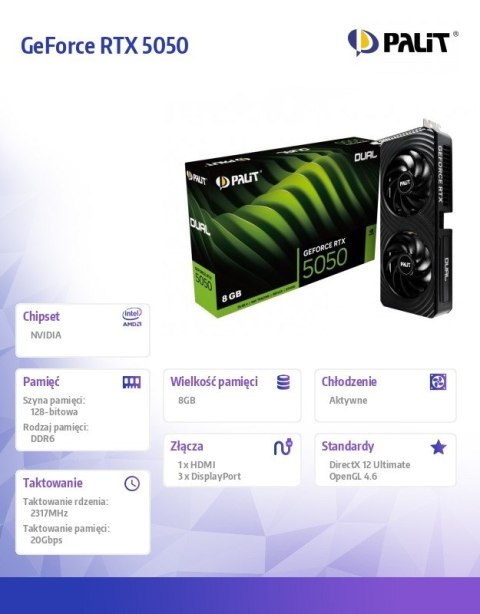 Karta graficzna Palit GeForce RTX 5050 Dual 8GB GDDR6 HDMI DisplayPort RGB