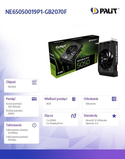 Karta graficzna Palit GeForce RTX 5050 StormX 8GB GDDR6 kompaktowa gaming