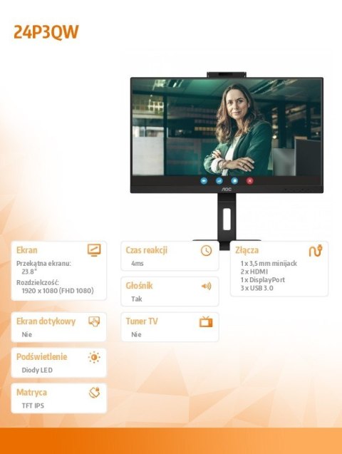 Monitor AOC 24P3QW 24 cali IPS Full HD 75Hz HDMIx2 DP Pivot kamera głośniki