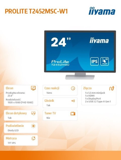 Monitor iiyama ProLite T2452MSC-W1 24 cali Full HD IPS dotykowy 10 pkt HDMI