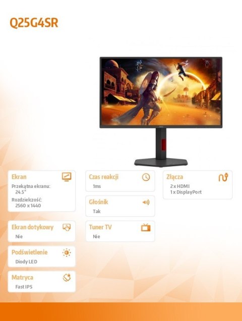Monitor AOC Q25G4SR 24.5 QHD Fast IPS 300Hz 1ms HDR400 pivot HDMI DP gaming