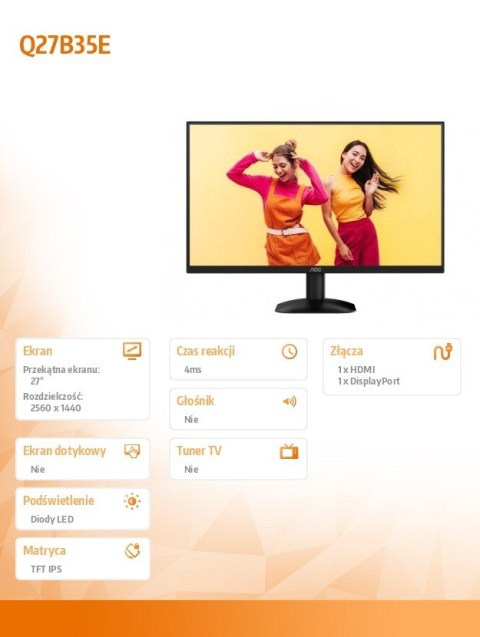 Monitor AOC Q27B35E 27 cali QHD IPS 75Hz HDR10 1ms HDMI DP Low Blue Light