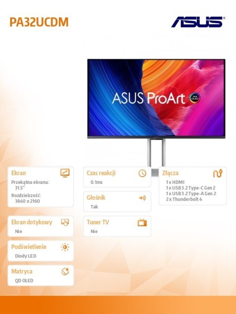 Monitor Asus ProArt PA32UCDM 31.5 cali QD OLED 4K UHD 240 Hz profesjonalny