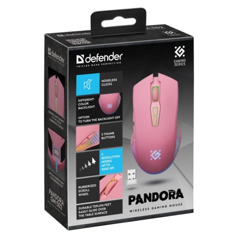 Mysz Defender Pandora RF gamingowa bezprzewodowa różowa z RGB