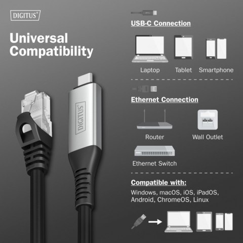 Kabel Digitus USB-C RJ45 1 Gbit/s 2m kompaktowy adapter sieciowy