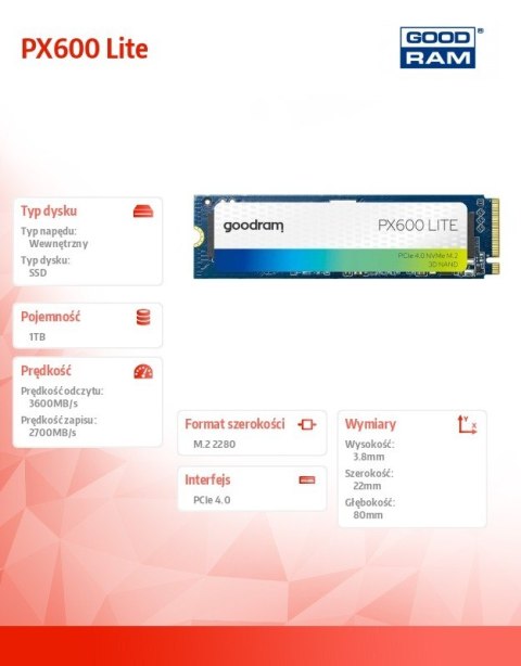 Dysk SSD GOODRAM PX600 Lite 1TB szybki M.2 NVMe PCIe 4.0 laptop