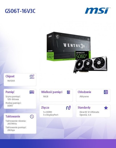 MSI Karta graficzna GeForce RTX 5060 Ti 16G VENTUS 3X OC
