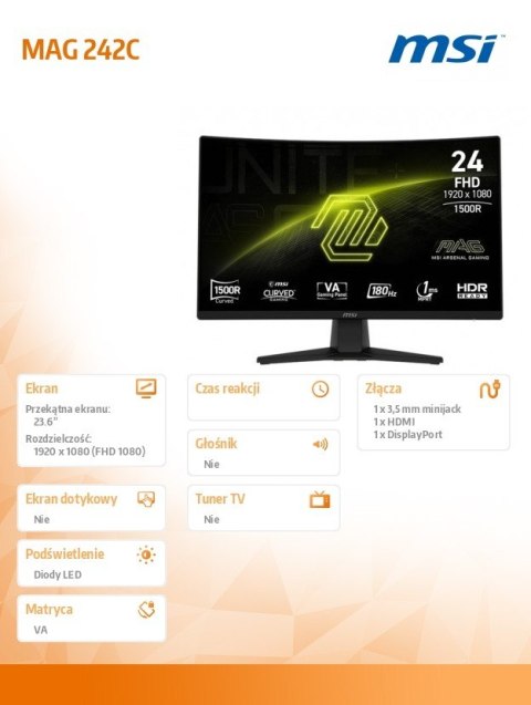 Monitor MSI MAG 242C 23.6 Full HD 180Hz 1ms VA zakrzywiony gaming HDR
