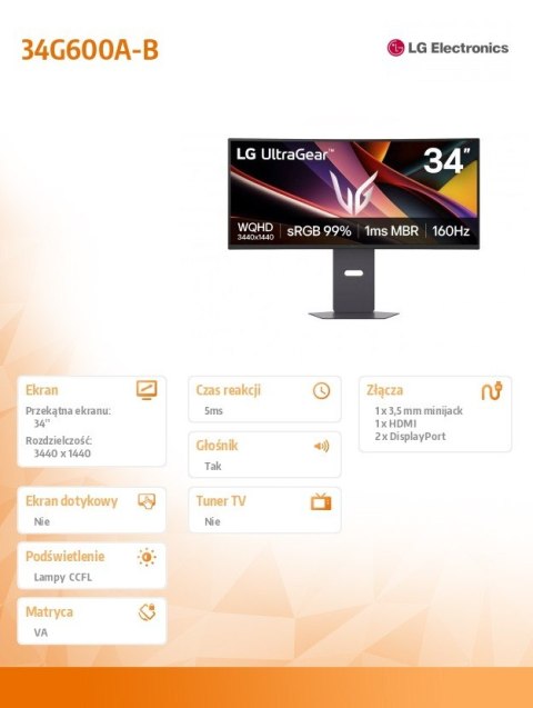 Monitor gamingowy LG UltraGear 34G600A-B 34 cali WQHD 160Hz zakrzywiony