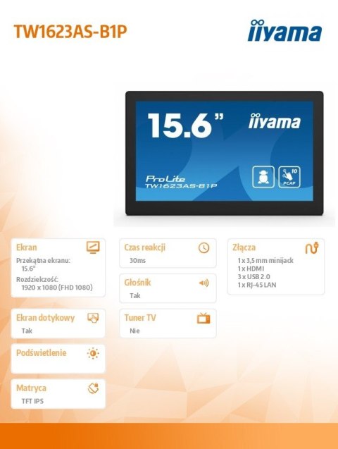 IIYAMA Monitor 16 cali TW1623AS-B3P,10P.DOT.IPS,ANDROID13,WIFI,24/7,RJ45, HDMI,3xUSB,CMS (iiSignage2)