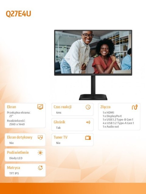 Monitor AOC Q27E4U 27 cali QHD IPS 120Hz Pivot HDMI głośniki ergonomiczny