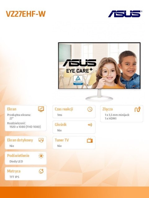 Monitor Asus VZ27EHF-W 27 cali IPS Full HD 100 Hz gaming biały ultracienki