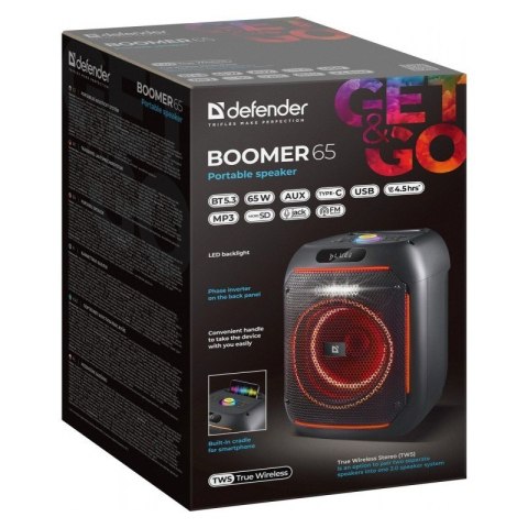 Głośnik Bluetooth Defender Boomer 65W czarny z LED i MP3