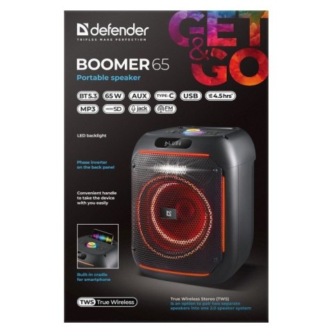 Głośnik Bluetooth Defender Boomer 65W czarny z LED i MP3