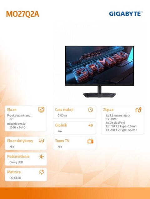 Monitor Gigabyte MO27Q2A 27 cali QHD QD OLED 280 Hz USB C HDMI gaming HDR
