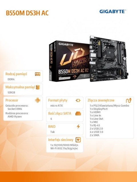 Płyta główna Gigabyte B550M DS3H AC R2 WiFi szybka microATX AM4 DDR4