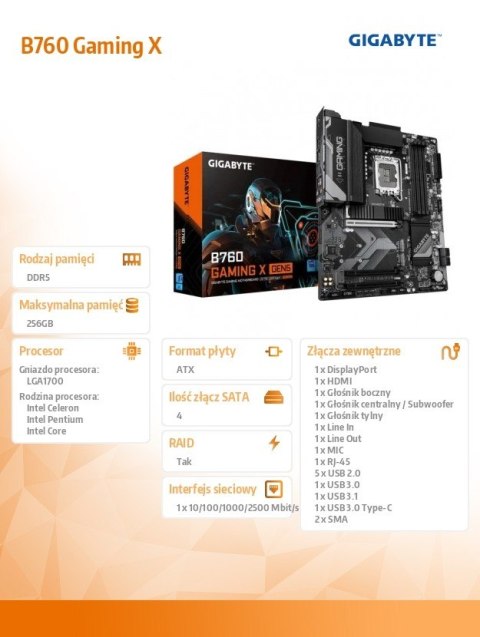 Płyta główna Gigabyte B760 Gaming X Gen5 LGA1700 DDR5 ATX PCIe 5.0 2.5G LAN