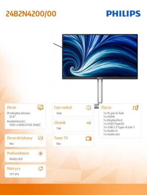 Monitor Philips 24B2N4200 23.8 cala IPS FHD 120 Hz Pivot głośniki HDMI DP